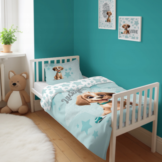 Mayamoo Ledikant dekbedovertrek Hondje Lucky - blauw - bamboe/katoen