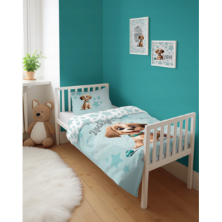 Mayamoo Ledikant dekbedovertrek Hondje Lucky - blauw - bamboe/katoen