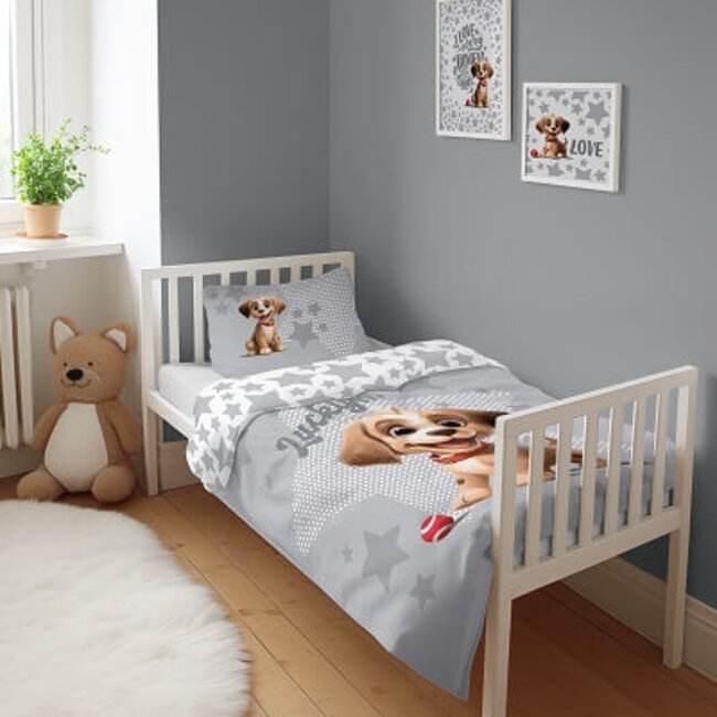 Ledikant dekbedovertrek Hondje Lucky - grijs - bamboe/katoen - 100x135 + 40x60 cm