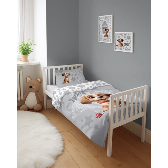 Ledikant dekbedovertrek Hondje Lucky - grijs - bamboe/katoen - 100x135 + 40x60 cm