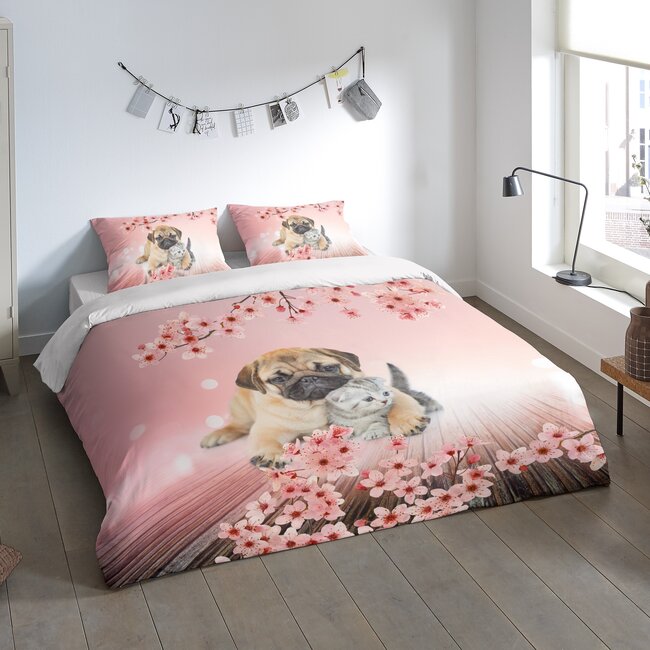 Microvezel dekbedovertrek Mopshond  & kitten - 1-persoons (140x220 + 60x70cm)