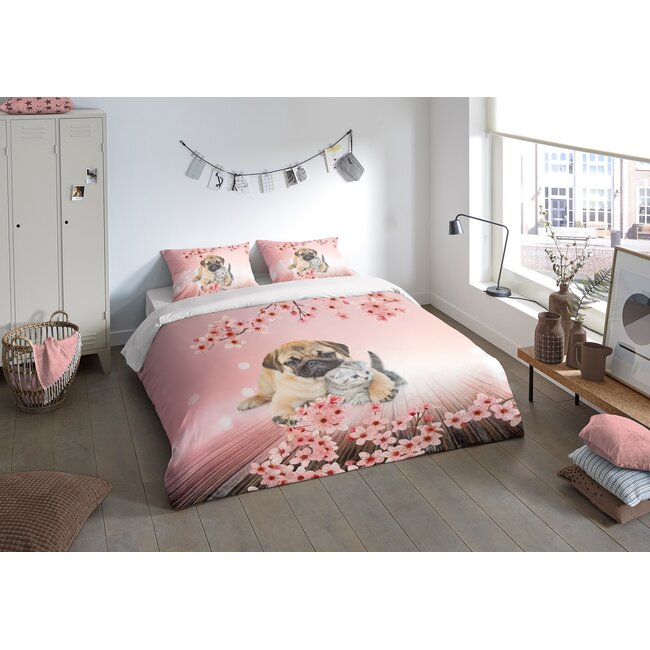 Microvezel dekbedovertrek Mopshond  & kitten - 1-persoons (140x220 + 60x70cm)