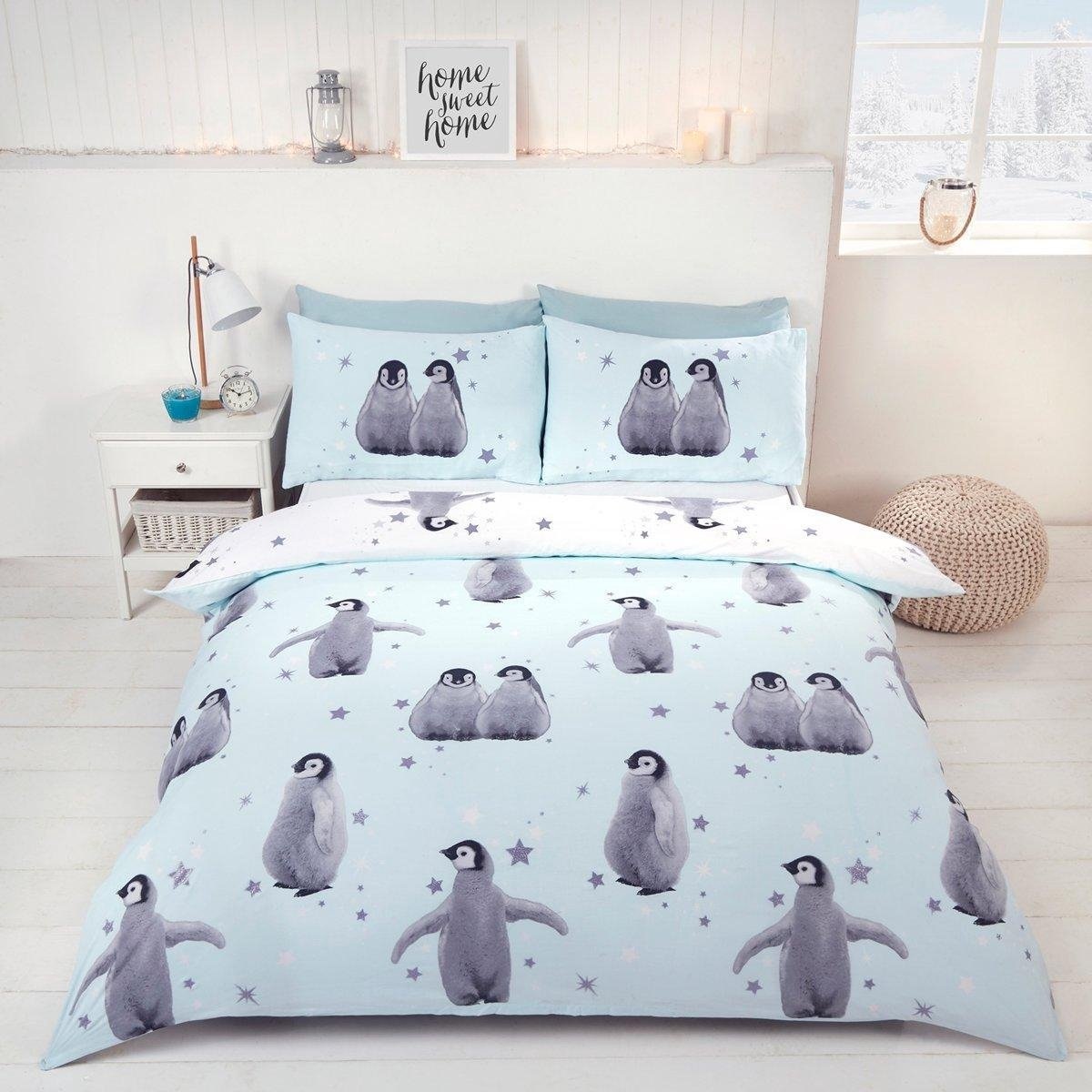 B-keus Polykatoen dekbedovertrek Starry pinguïns mint - 135x200 + 50x75 cm