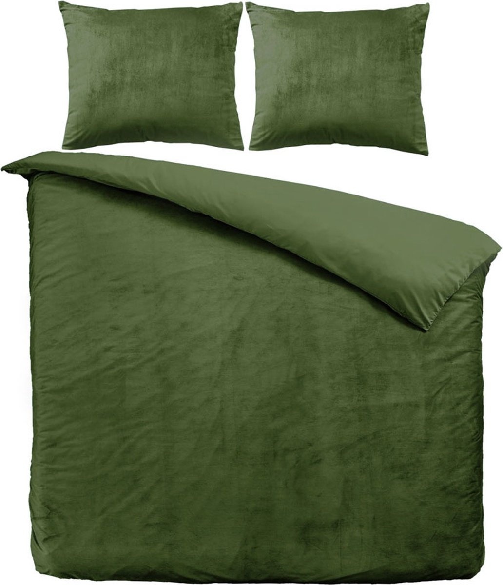 B-Keuze Velvet dekbedovertrek - groen - 140x220 + 60x70 cm