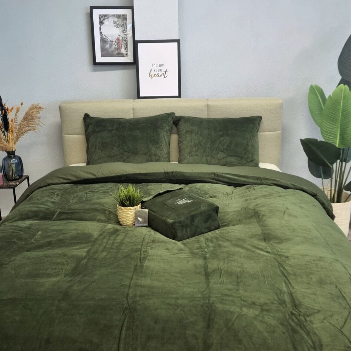 B-Keuze Velvet dekbedovertrek - groen - 140x220 + 60x70 cm