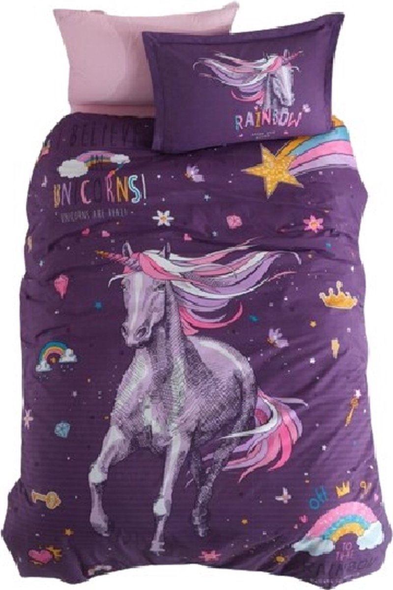 Katoen kinderdekbedovertrek Rainbow unicorn - eenpersoons
