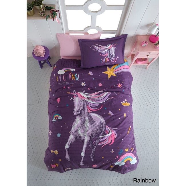 Katoen kinderdekbedovertrek Rainbow unicorn - eenpersoons