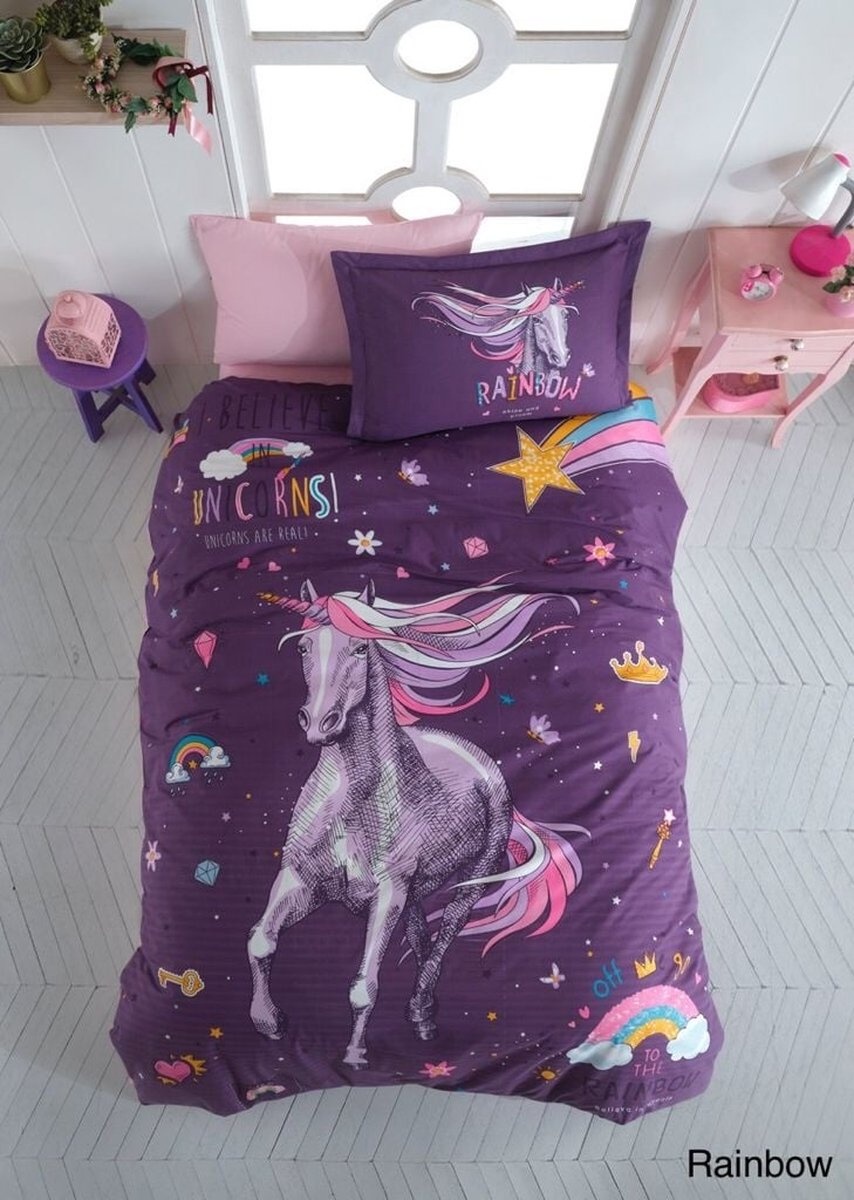 Katoen kinderdekbedovertrek Rainbow unicorn - eenpersoons