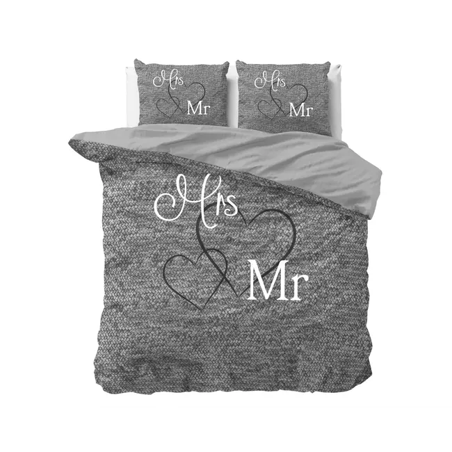 Dekbedovertrek Mr & Mrs 3 - antraciet - katoen - 240x220 + 2st. 60x70 cm