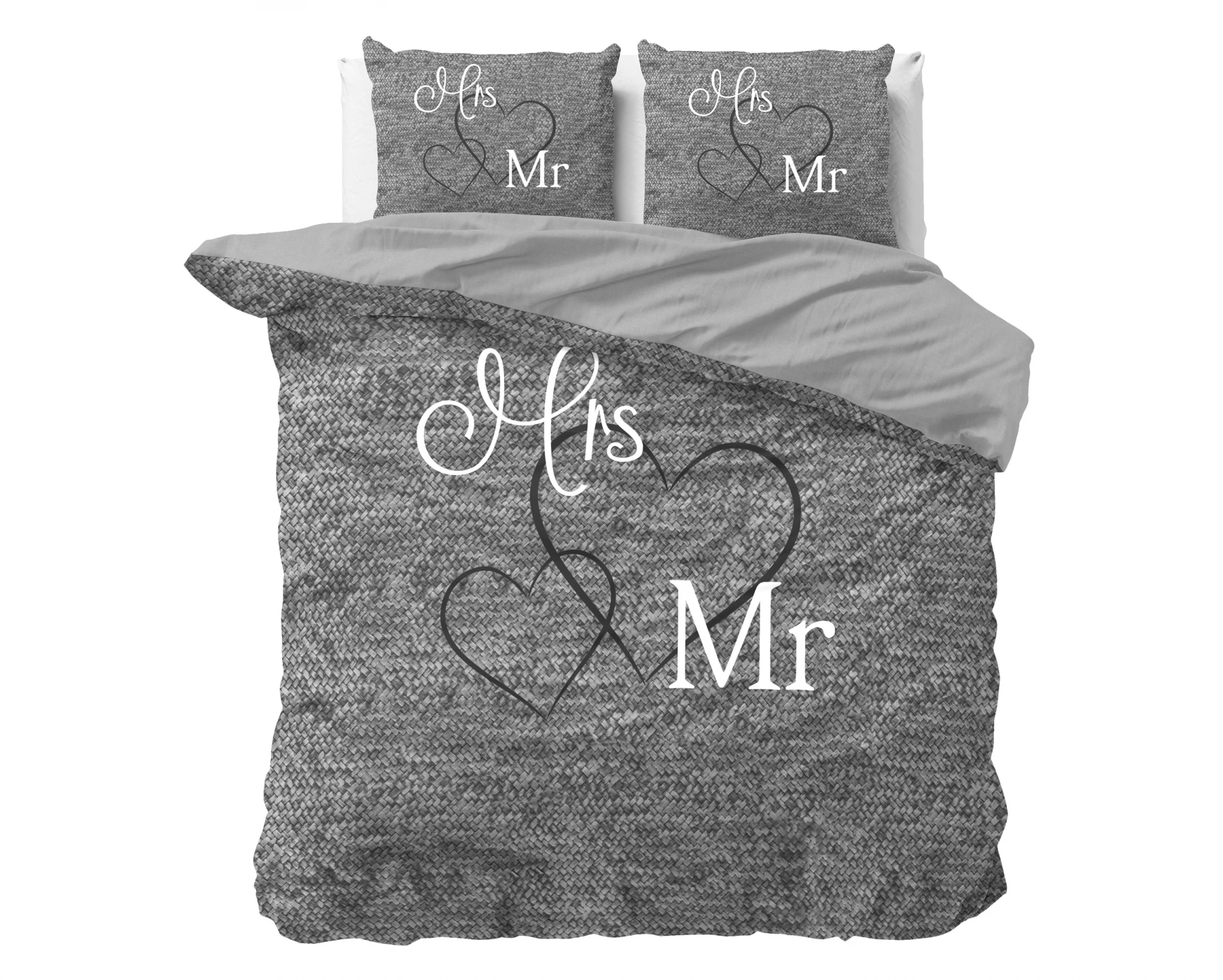 Katoen dekbedovertrek Waffle - Mr & Mrs 3 - Antraciet - 240x220 + 2st. 60x70 cm