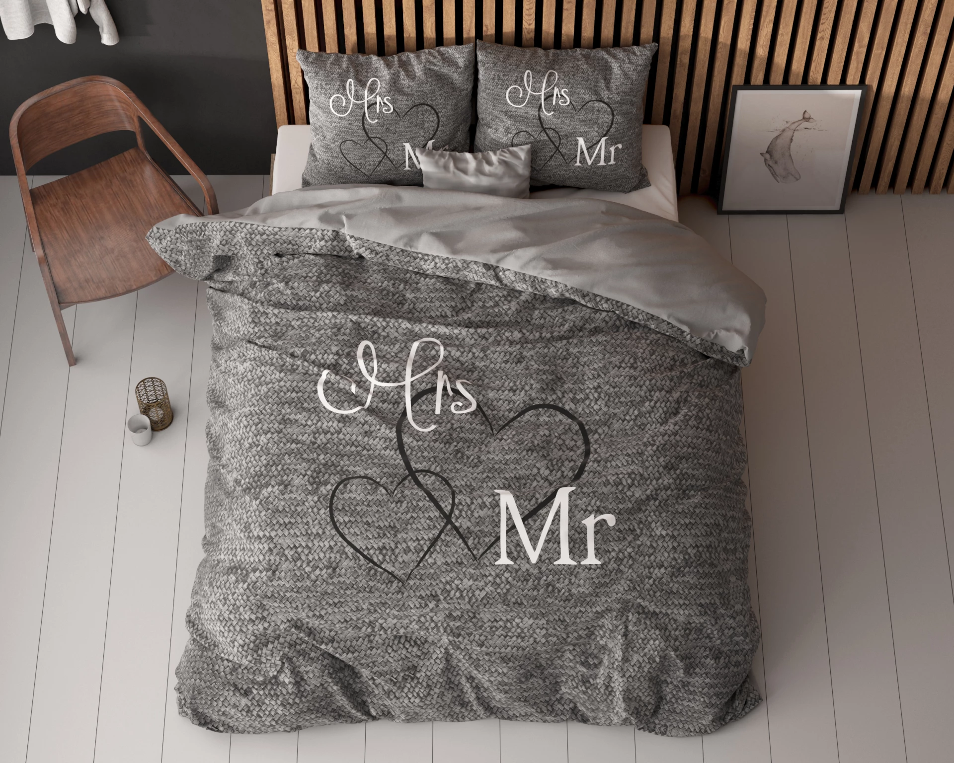 Katoen dekbedovertrek Waffle - Mr & Mrs 3 - Antraciet - 240x220 + 2st. 60x70 cm
