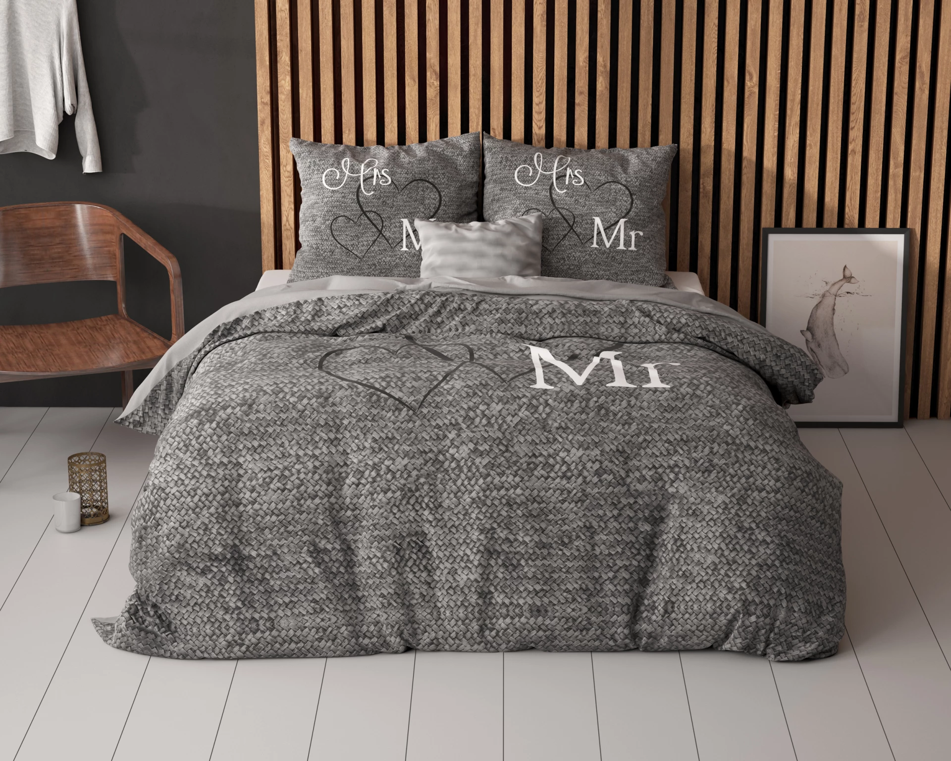 Katoen dekbedovertrek Waffle - Mr & Mrs 3 - Antraciet - 240x220 + 2st. 60x70 cm