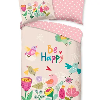 Good Morning Kinderdekbedovertrek Happily 140×220 cm – 100% katoen met vrolijke vogels & bloemen