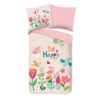 Good Morning Kinderdekbedovertrek Happily 140×220 cm – 100% katoen met vrolijke vogels & bloemen