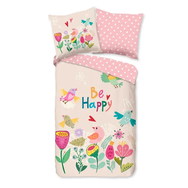 Kinderdekbedovertrek Happily 140×220 cm – 100% katoen met vrolijke vogels & bloemen