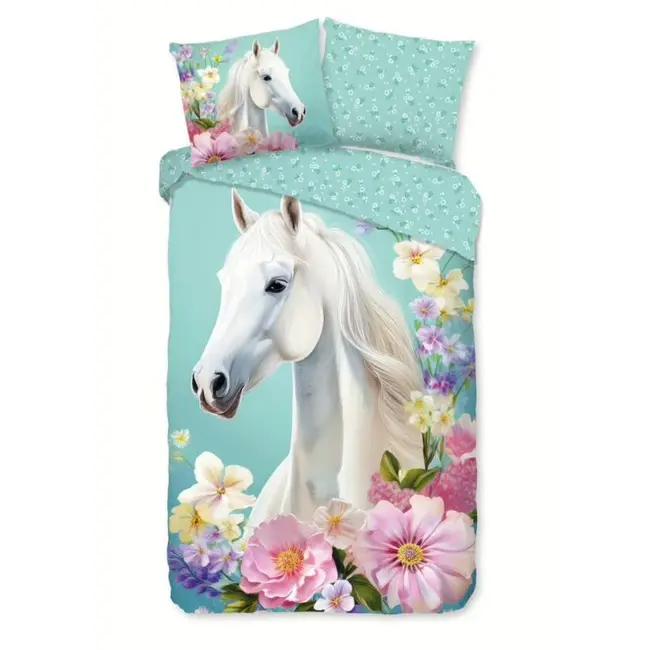 Kinderdekbedovertrek binky met paard & bloemen - 140×220 cm – katoen