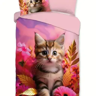 Good Morning Kinderdekbedovertrek Kadi met kitten & bloemen - 140×220 cm – 100% katoen