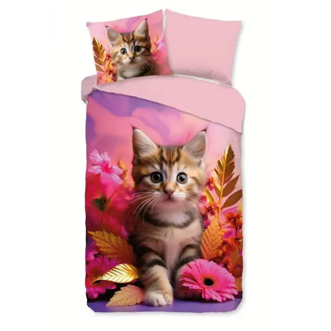 Kinderdekbedovertrek Kadi met kitten & bloemen - 140×220 cm – 100% katoen
