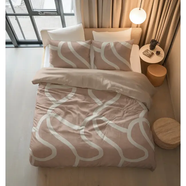 Katoen dekbedovertrek Clay Contours met lijnmotief - Perzikbruin