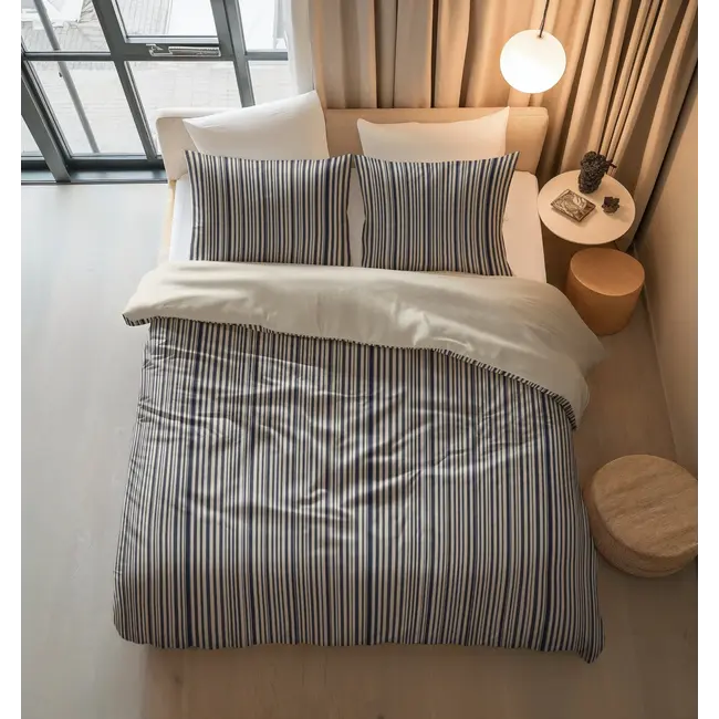 Katoen dekbedovertrek Blue Regatta met blauw‑beige streep