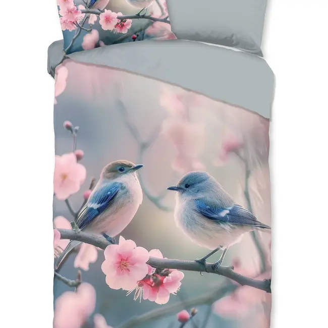 Katoen dekbedovertrek Hannu met bloemen & vogels