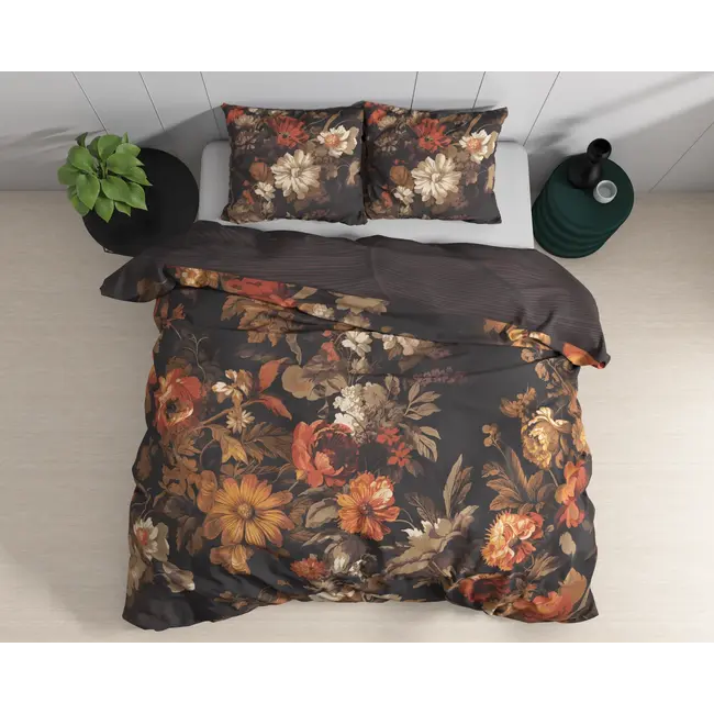 Katoen dekbedovertrek Art Flowers - Bruin bloemenmotief