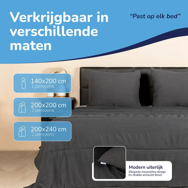 Easy dekbed zonder overtrek inclusief kussensloop - Mousseline - Antraciet