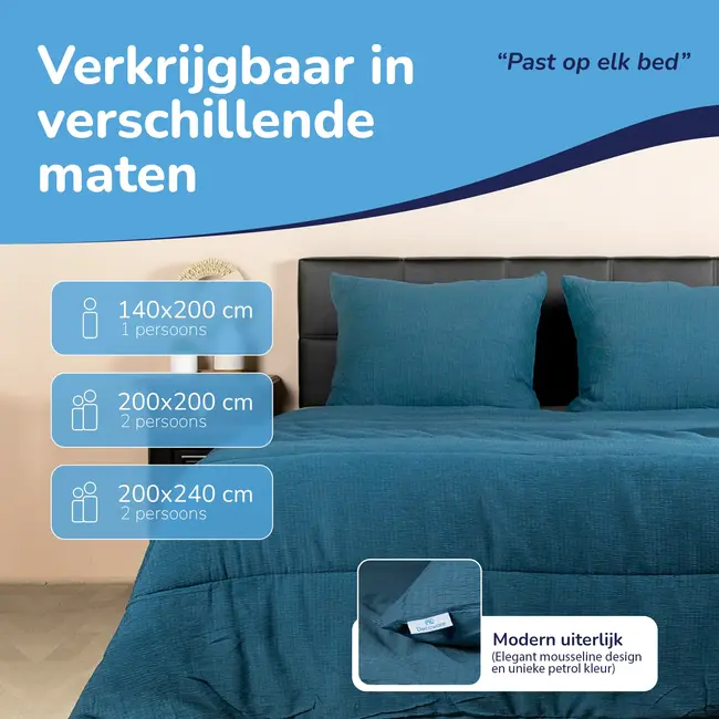 Easy dekbed zonder overtrek inclusief kussensloop - Mousseline - Petrol