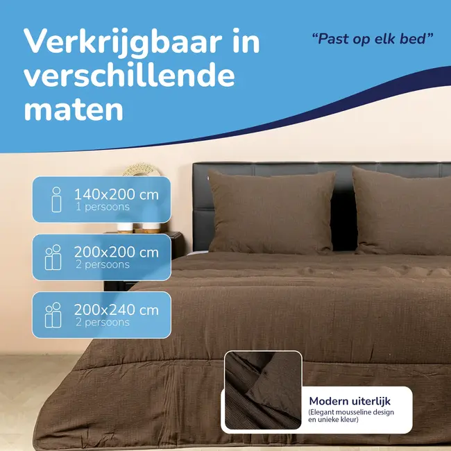 Easy dekbed zonder overtrek inclusief kussensloop - Mousseline - Chocolade bruin