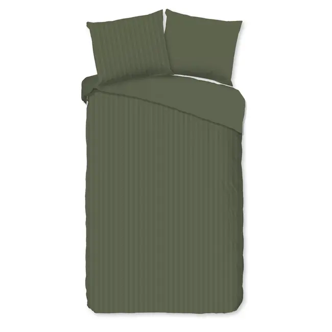 Hotelstreep dekbedovertrek - olijfgroen - katoensatijn