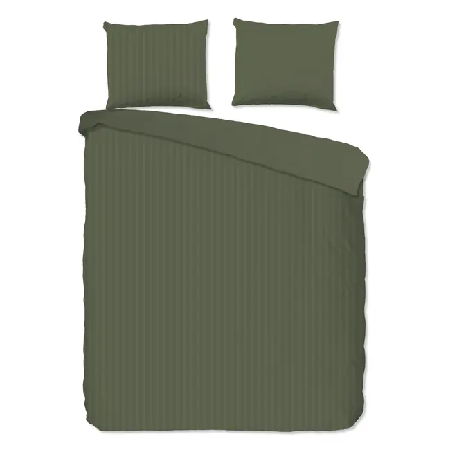 Hotelstreep dekbedovertrek - olijfgroen - katoensatijn