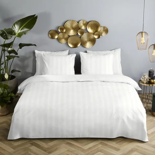 Hotelstreep dekbedovertrek - wit - katoensatijn