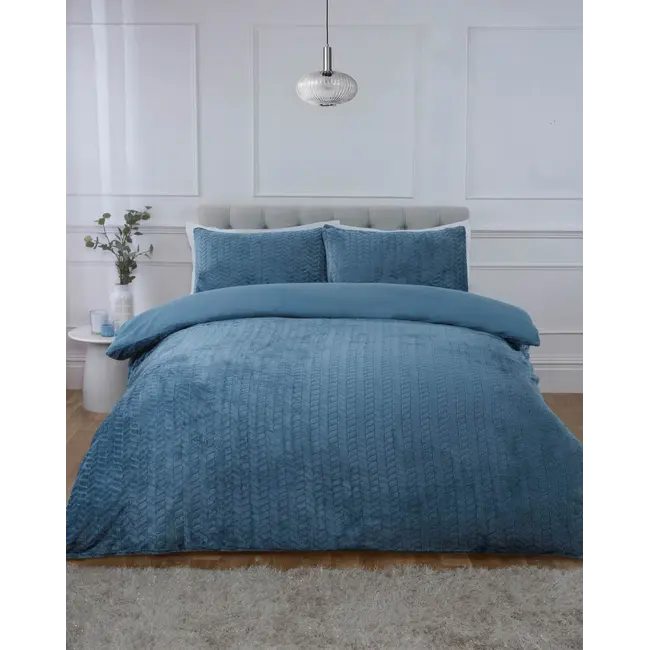 Teddy fleece dekbedovertrek met cashmere - Chevron - petrol