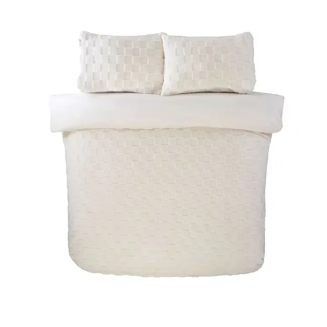 Teddy fleece dekbedovertrek met cashmere - Check - crème