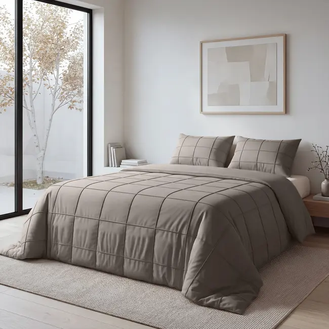 Microvezel dekbedovertrek Check Pintuck - taupe