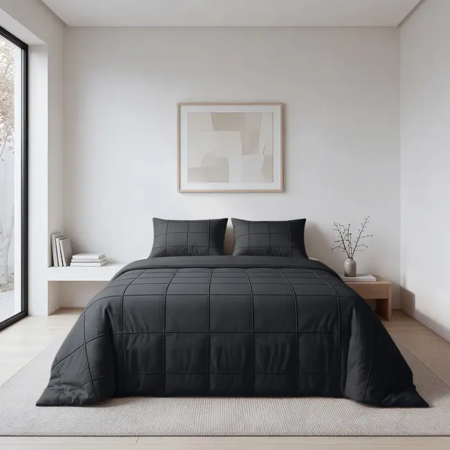 Microvezel dekbedovertrek Check Pintuck - zwart