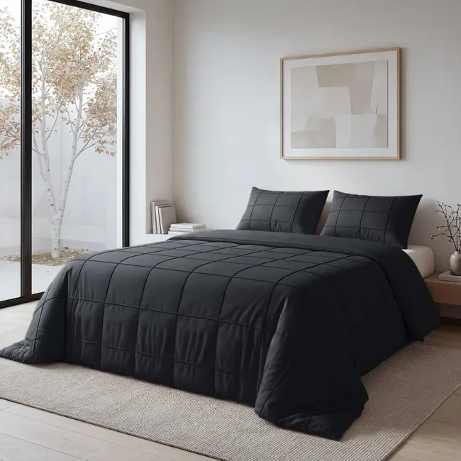 Microvezel dekbedovertrek Check Pintuck - zwart