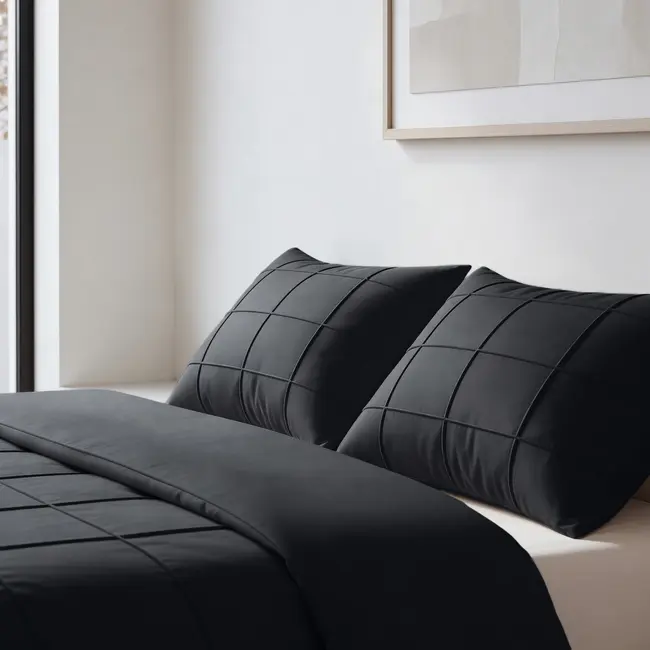 Microvezel dekbedovertrek Check Pintuck - zwart