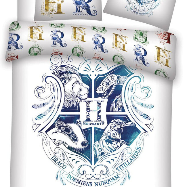 Microvezel kinderdekbedovertrek Harry Potter - Hogwarts wapen - wit - eenpersoons (140x200 + 65x65 cm)