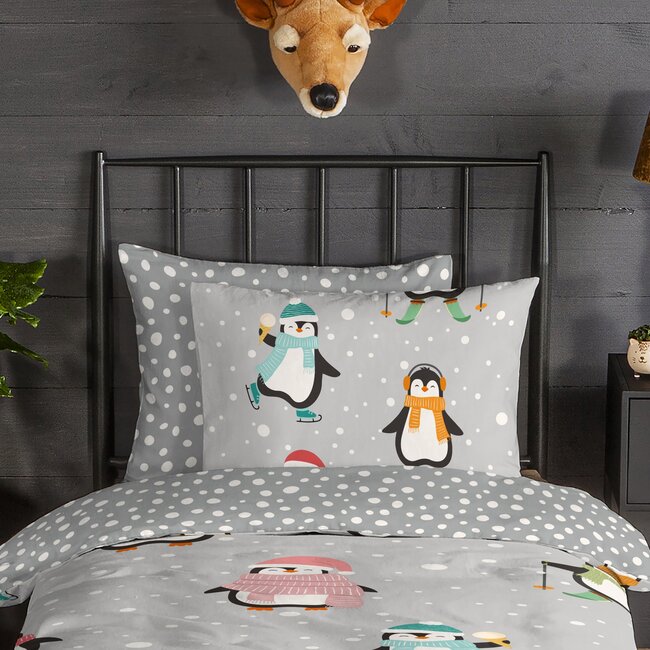 Kinder dekbedovertrek Liam pinguïn - flanel - 140x220 + 60x70 cm
