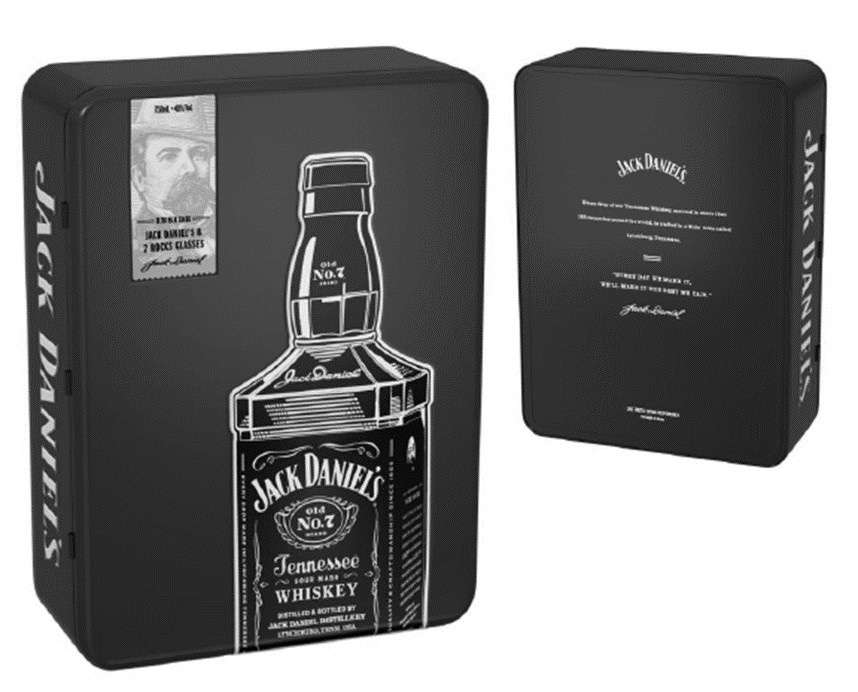 Taiko buik wond karton Jack Daniels Black Label Old No 7 in Tin met 2 Glazen 0,70 ltr 40% -  Whiskysite.nl World of Fine Spirits