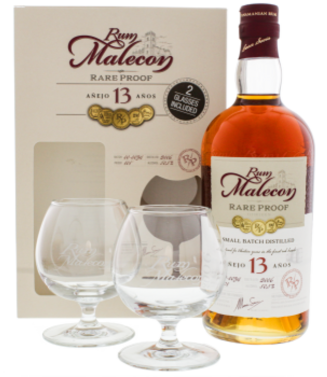 Malecon Rare Proof 13 Years Old + 2 Glazen 0,70 ltr 50,5%
