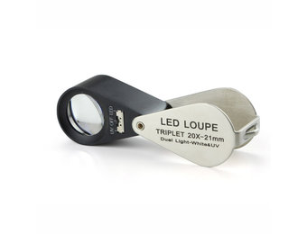 Klappbare Lupe Triplet 20x mit LED- und UV-Beleuchtung