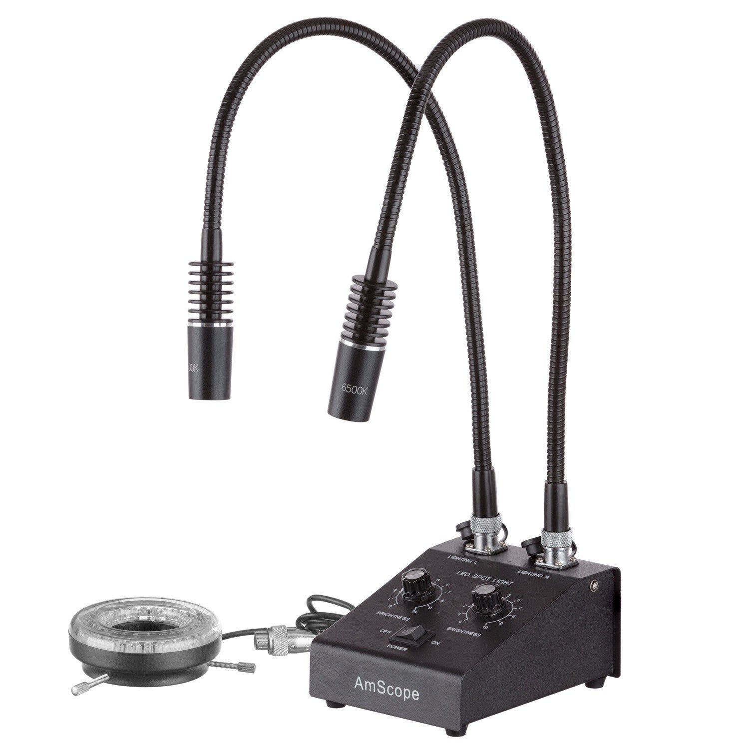 AmScope 6W LED Dual Gooseneck en Ring Light Illuminator voor Microscopen