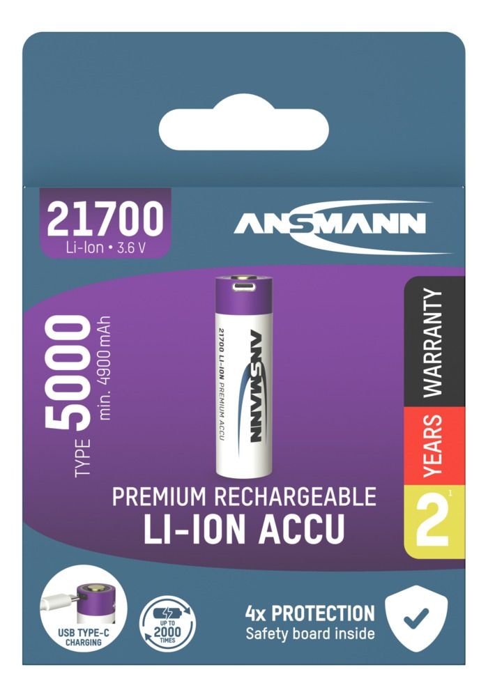Ansmann Li-Ion USB-C Rechargeable 21700 5000 mAh battery