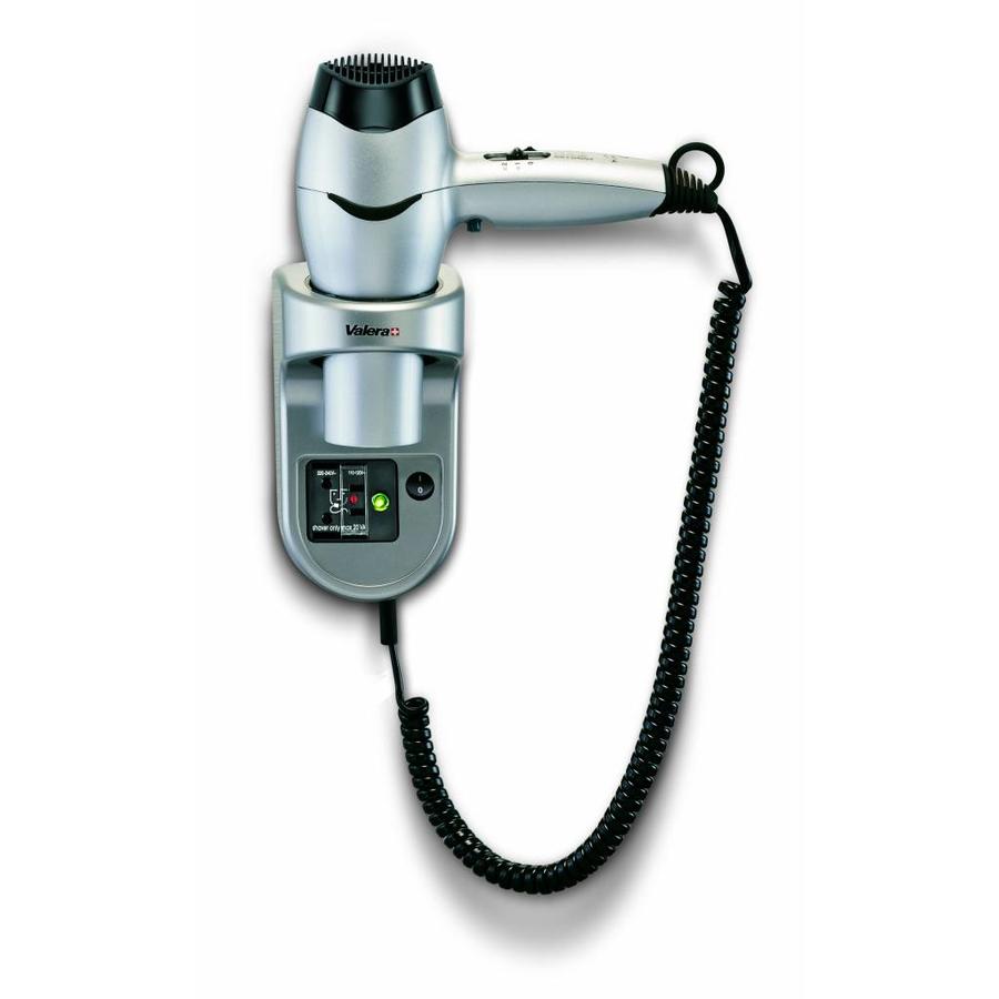 Wall-mounted hairdryer stainless steel look with black spiral cord