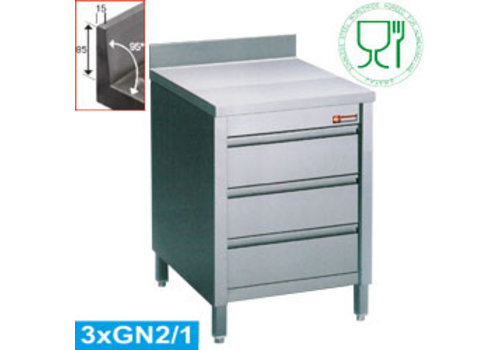  HorecaTraders Chest of drawers stainless steel | 3 drawers | 60 x 70 x 88/90 cm | with splashback 