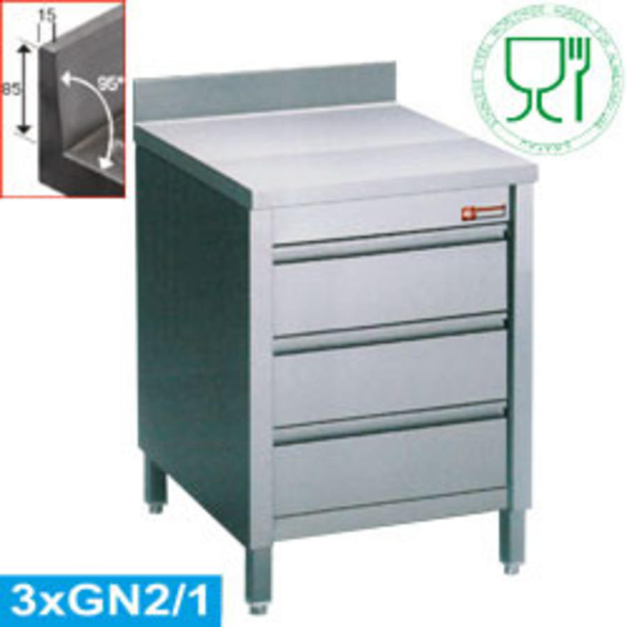 Armoire de campagne en acier inoxydable | 3 tiroirs | 60 x 70 x 88/90 cm | avec dosseret