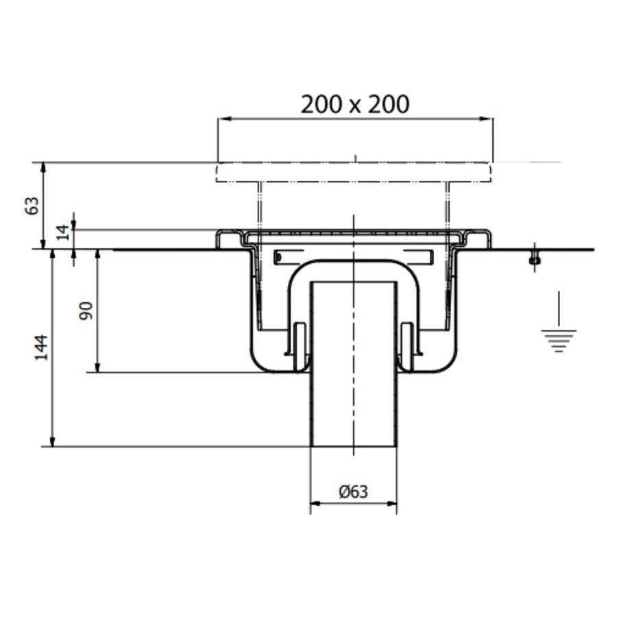 RVS Vloerafvoerput 200 x 200 mm telescopische Afvoer 63 mm