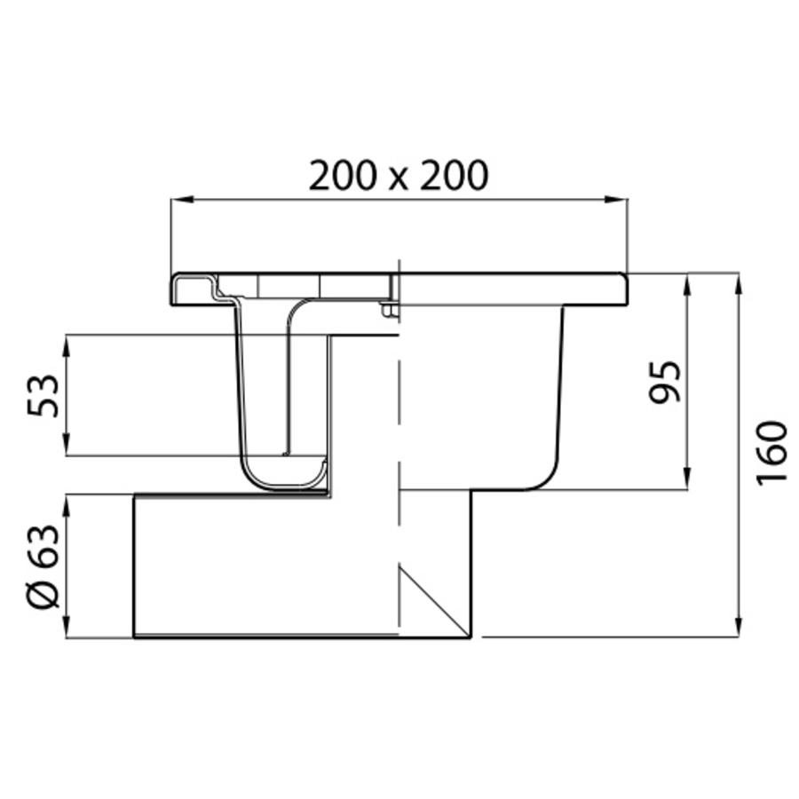 Siphon de sol en acier inoxydable 200 x 200 mm, siphon latéral 63 mm